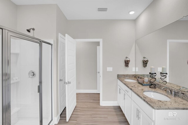 12753 Shoshoney Cir, Fairhope, AL 36532 - full bath with a shower stall, wood finished floors, visible vents, and a sink