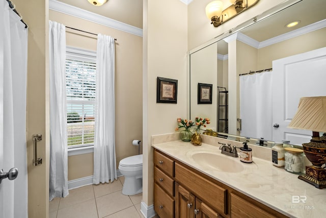 bathroom with ornamental molding, toilet, tile patterned floors, and vanity