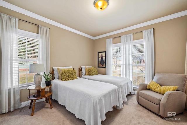 bedroom with light carpet and ornamental molding