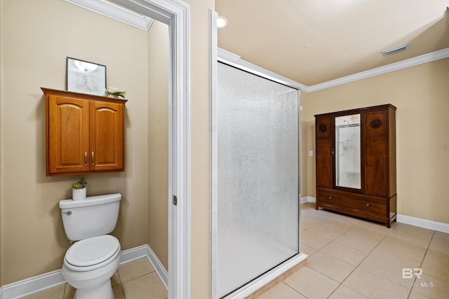 bathroom with walk in shower, toilet, tile patterned flooring, and crown molding