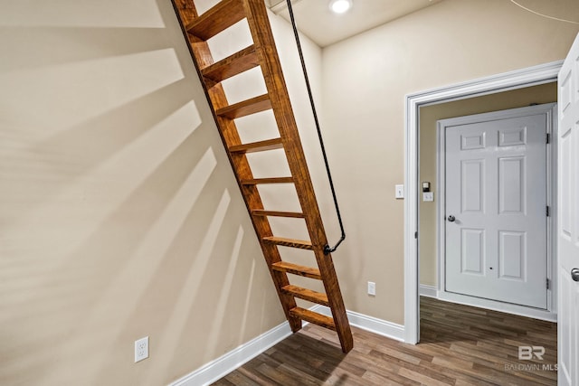 staircase with hardwood / wood-style floors