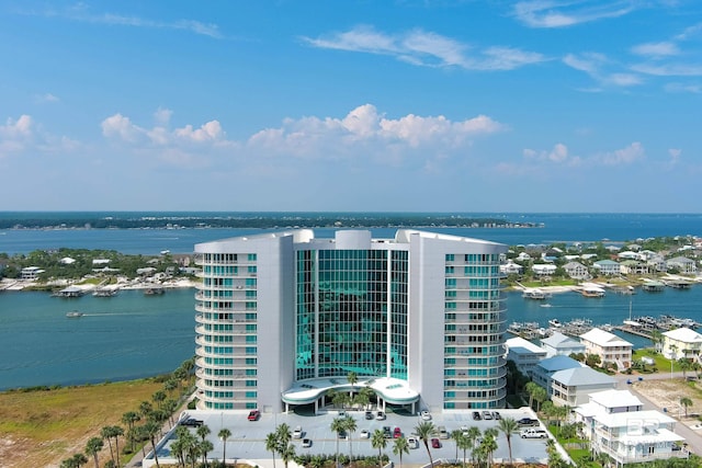 drone / aerial view featuring a water view
