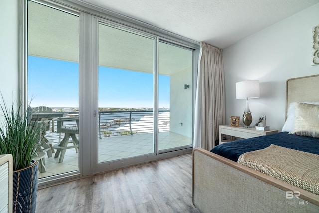 bedroom with multiple windows, floor to ceiling windows, wood finished floors, and access to exterior