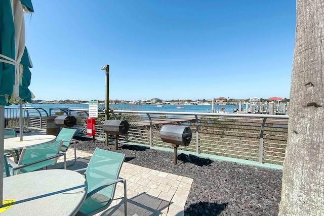 view of patio / terrace featuring a water view