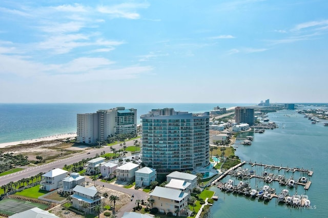 drone / aerial view with a water view and a view of city