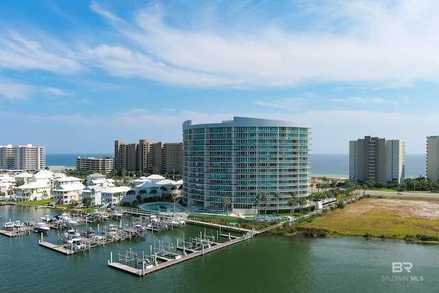 bird's eye view with a water view and a view of city