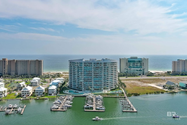 drone / aerial view featuring a water view