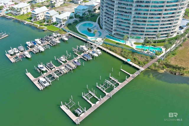 drone / aerial view with a water view