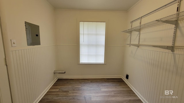 509 Pine St, Daphne, AL 36526 - laundry area featuring electric panel, wood finished floors, ornamental molding, and a wainscoted wall