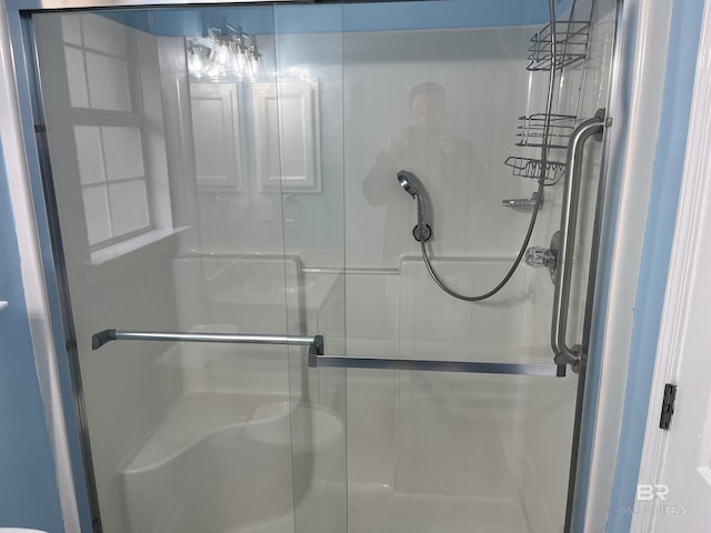 bathroom featuring a shower with shower door