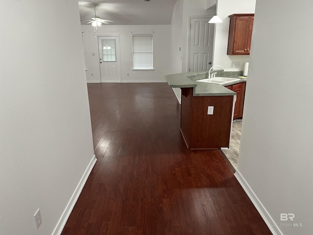 kitchen with ceiling fan, sink, dark hardwood / wood-style flooring, pendant lighting, and a breakfast bar area