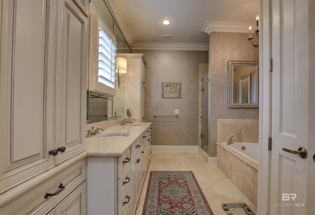 bathroom with separate shower and tub, ornamental molding, vanity, and tile patterned floors