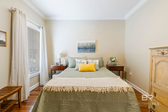 bedroom with ornamental molding and dark wood-type flooring