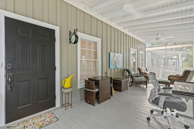 office with wood ceiling, light hardwood / wood-style flooring, and lofted ceiling with beams