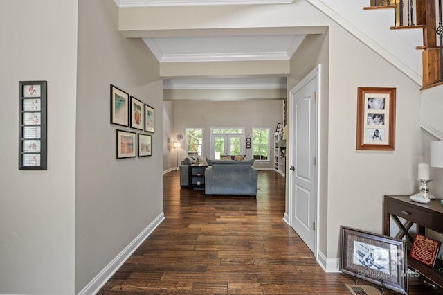 7371 Maureen Cir, Spanish Fort, AL 36527 - hall featuring dark wood-style flooring, crown molding, and stairs