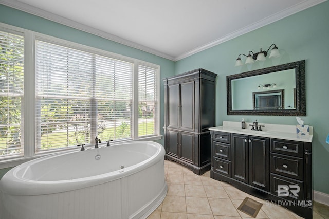 7371 Maureen Cir, Spanish Fort, AL 36527 - full bathroom with a jetted tub, vanity, ornamental molding, and tile patterned floors