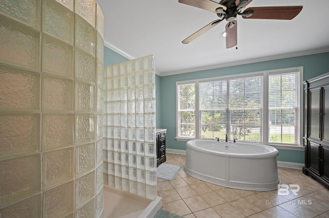 7371 Maureen Cir, Spanish Fort, AL 36527 - full bath featuring tile patterned floors, a freestanding tub, crown molding, ceiling fan, and walk in shower