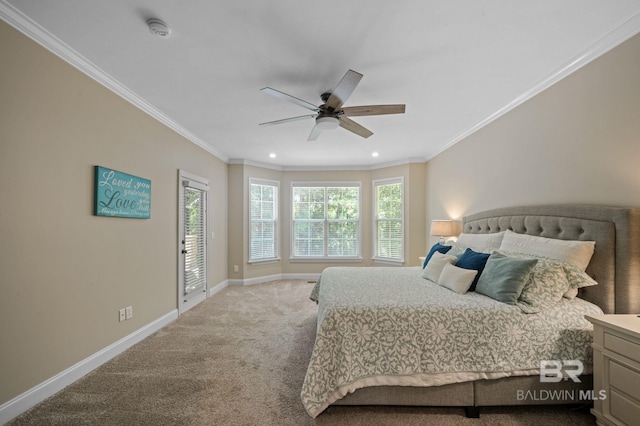 7371 Maureen Cir, Spanish Fort, AL 36527 - carpeted bedroom with crown molding, recessed lighting, a ceiling fan, and access to outside