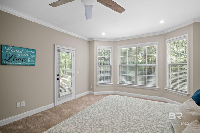 7371 Maureen Cir, Spanish Fort, AL 36527 - carpeted bedroom featuring access to outside, ornamental molding, a ceiling fan, and recessed lighting