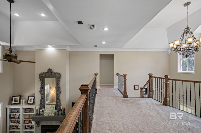 7371 Maureen Cir, Spanish Fort, AL 36527 - hallway with an upstairs landing, a chandelier, crown molding, recessed lighting, and carpet flooring