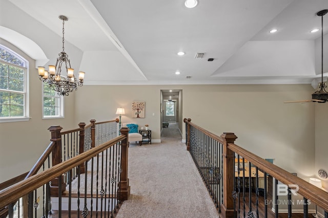 7371 Maureen Cir, Spanish Fort, AL 36527 - hall with an upstairs landing, a chandelier, recessed lighting, and carpet floors