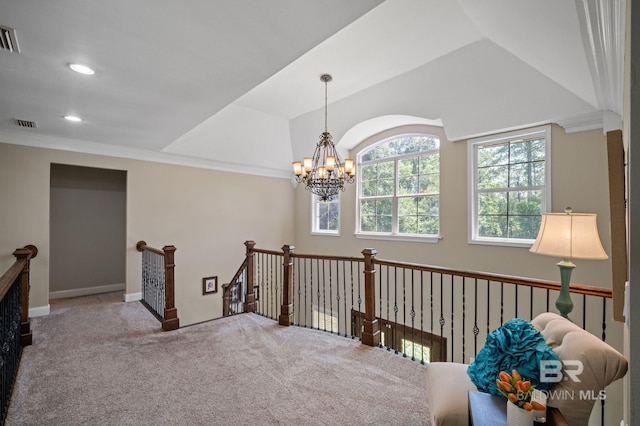 7371 Maureen Cir, Spanish Fort, AL 36527 - corridor featuring an upstairs landing, a chandelier, crown molding, carpet flooring, and recessed lighting