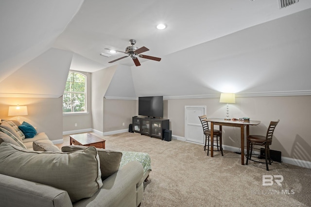 7371 Maureen Cir, Spanish Fort, AL 36527 - living area with a ceiling fan, lofted ceiling, carpet, and recessed lighting
