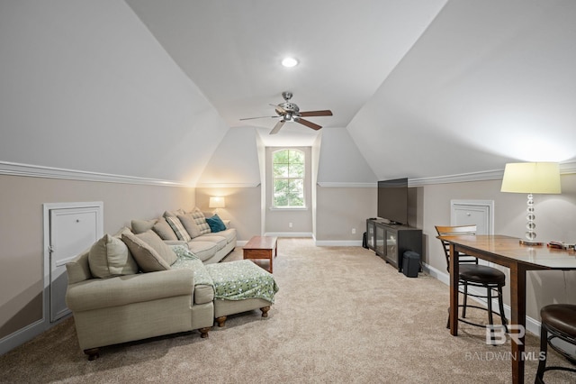 7371 Maureen Cir, Spanish Fort, AL 36527 - living area with a ceiling fan, carpet flooring, and lofted ceiling
