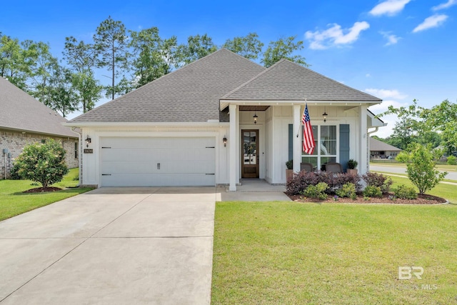 ranch-style home featuring a garage, a shingled roof, concrete driveway, and a front yard