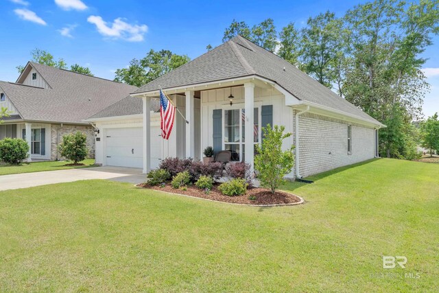 single story home featuring a garage, a front lawn, roof with shingles, board and batten siding, and driveway