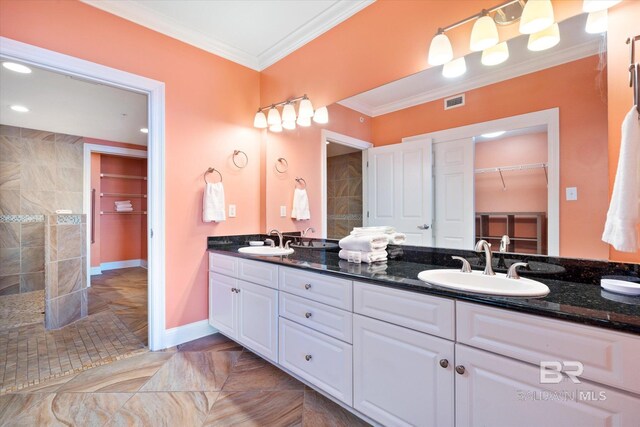 bathroom with tile floors and double vanity