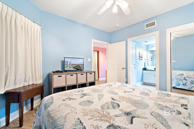 bedroom with ceiling fan and ensuite bathroom