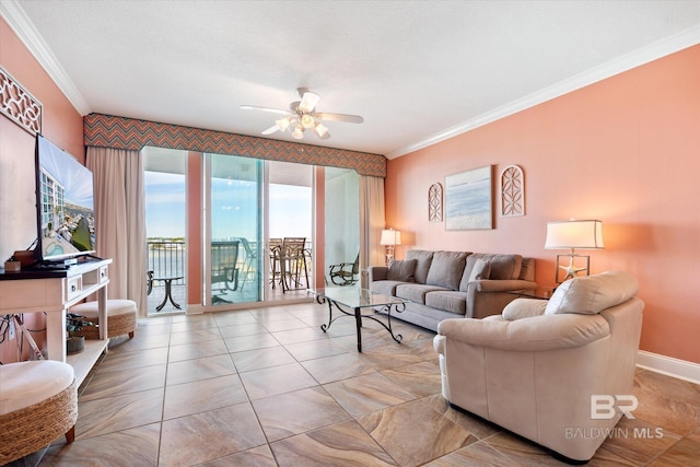 living room featuring light tile floors, a textured ceiling, crown molding, and ceiling fan