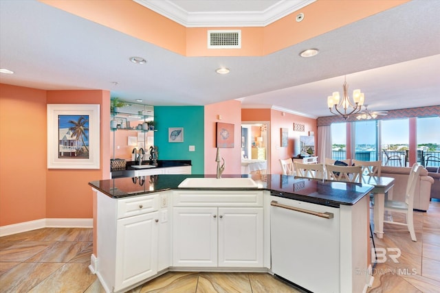 kitchen with a chandelier, white cabinetry, a center island with sink, dishwasher, and light tile flooring