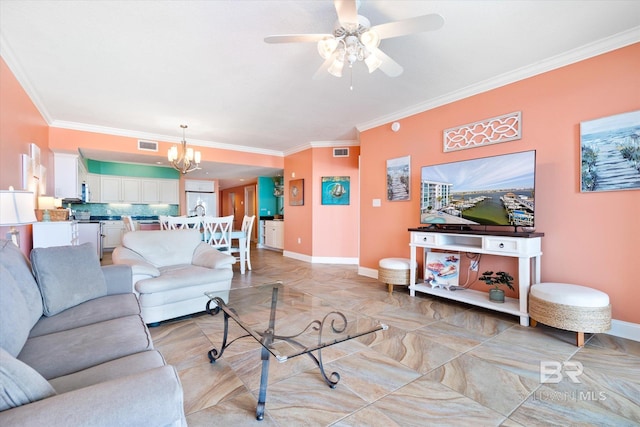 living room with ceiling fan with notable chandelier, ornamental molding, and light tile floors