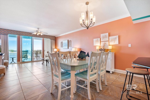 dining space featuring ornamental molding, light tile floors, and ceiling fan with notable chandelier