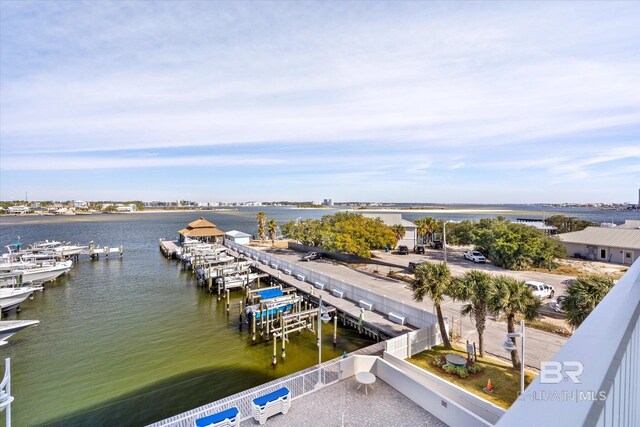 exterior space with a water view