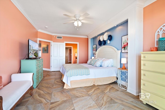 tiled bedroom featuring ceiling fan and crown molding