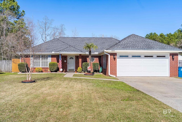 ranch-style home with roof with shingles, brick siding, an attached garage, fence, and a front lawn