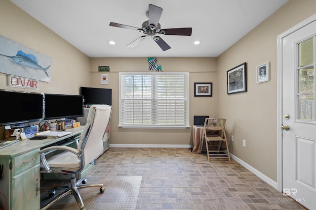 office space featuring ceiling fan, recessed lighting, and baseboards