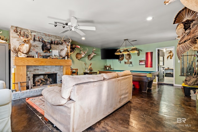 living room with visible vents, pool table, baseboards, a stone fireplace, and recessed lighting