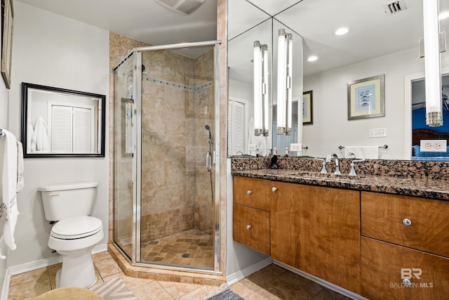 bathroom featuring tile patterned flooring, visible vents, a stall shower, and toilet