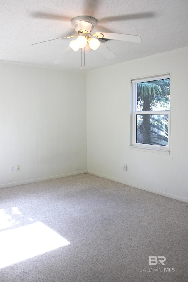 empty room featuring ceiling fan, carpet floors, and a textured ceiling