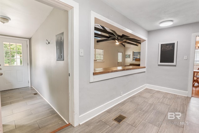 entrance foyer featuring beamed ceiling, ceiling fan, and electric panel