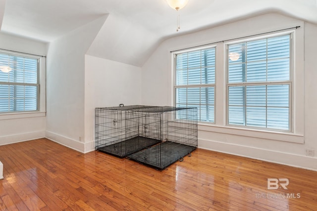 interior space with hardwood / wood-style floors and vaulted ceiling