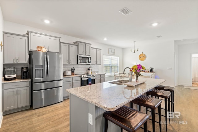 3973 Mercury Cir, Gulf Shores, AL 36542 - kitchen featuring stainless steel appliances, gray cabinets, light wood finished floors, a kitchen breakfast bar, and backsplash