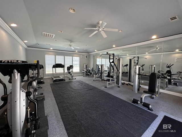 1517 Regency Rd Unit 121, Gulf Shores, AL 36542 - gym with ceiling fan, crown molding, recessed lighting, and baseboards