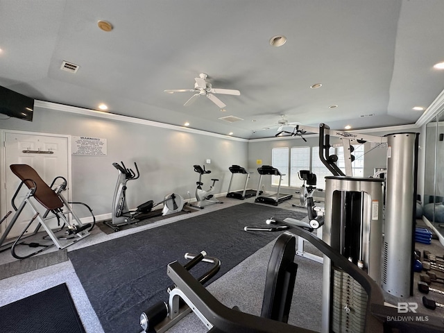 1517 Regency Rd Unit 121, Gulf Shores, AL 36542 - gym with crown molding, a ceiling fan, recessed lighting, and baseboards