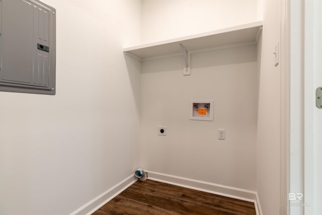 clothes washing area with washer hookup, electric dryer hookup, dark hardwood / wood-style flooring, and electric panel