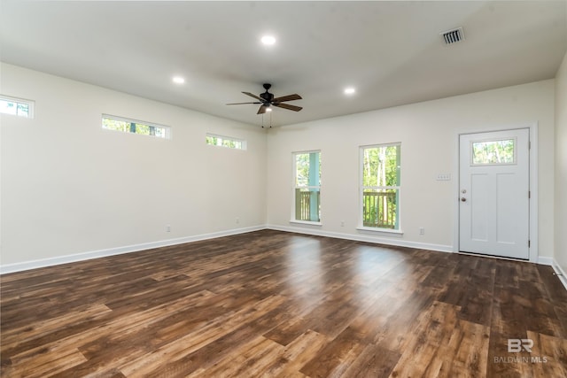 interior space with plenty of natural light, dark hardwood / wood-style floors, and ceiling fan